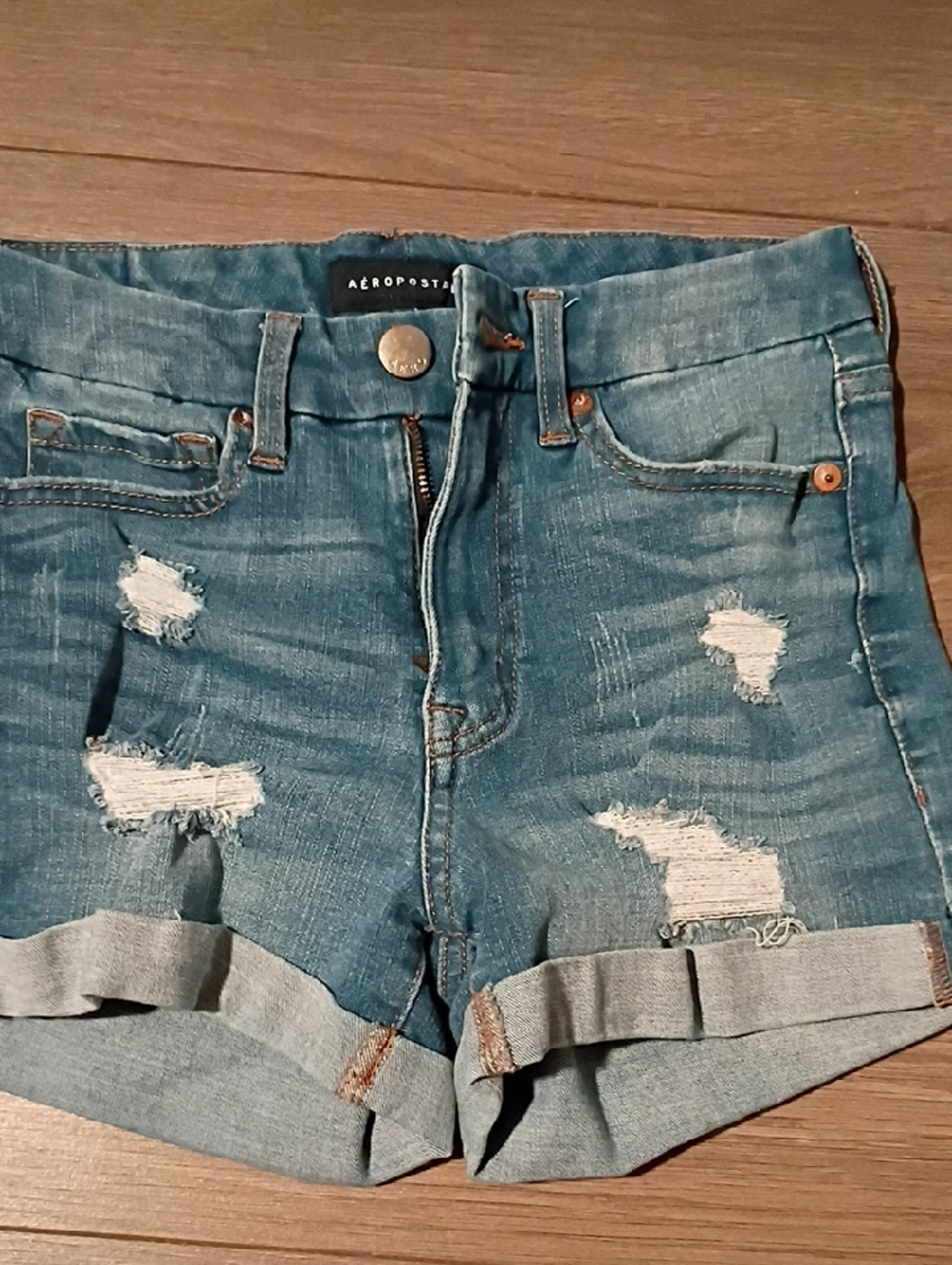 Aeropostale Light Blue Distressed Denim Roll-Cuff Shorts